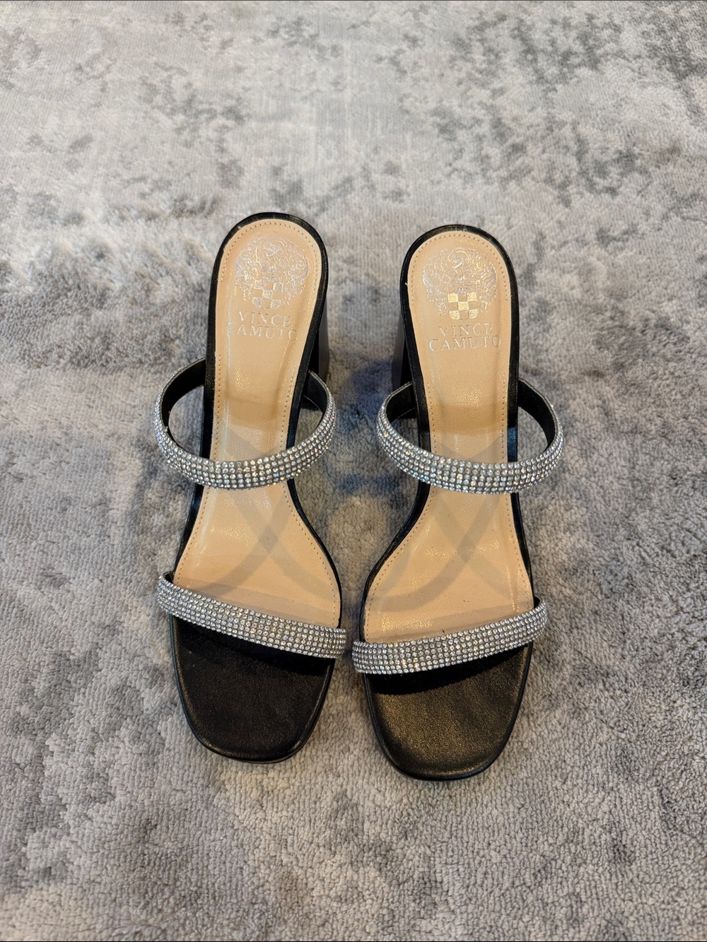 Vince Camuto Black Slide Heels with Silver Rhinestone Straps